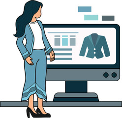 Female office worker shopping online from smartphone illustration in doodle style