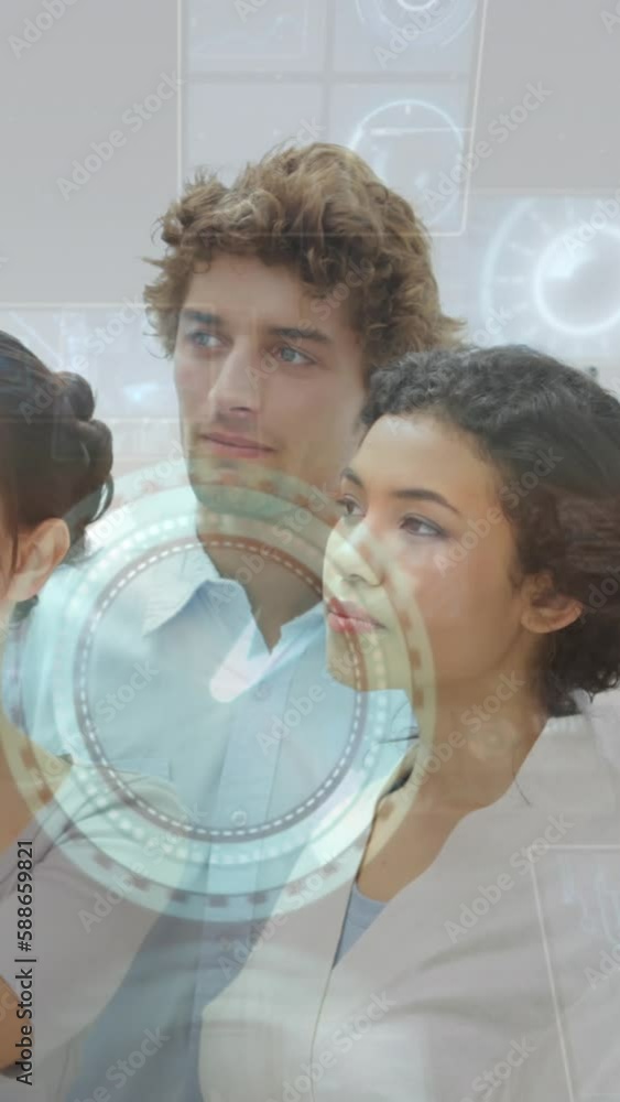 Poster animation of data processing over diverse business people taking notes