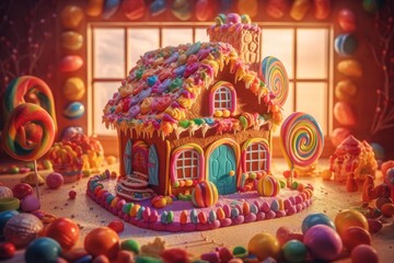 Obraz na płótnie Canvas Illustration of a whimsical colourful gingerbread house surrounded by a vibrant candy landscape created with Generative AI technology