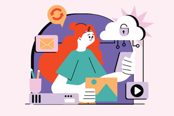 Obraz premium Cloud storage waist high concept with people scene in the flat cartoon design. Girl looks at the pictures that she once uploaded to the cloud storage. Vector illustration.
