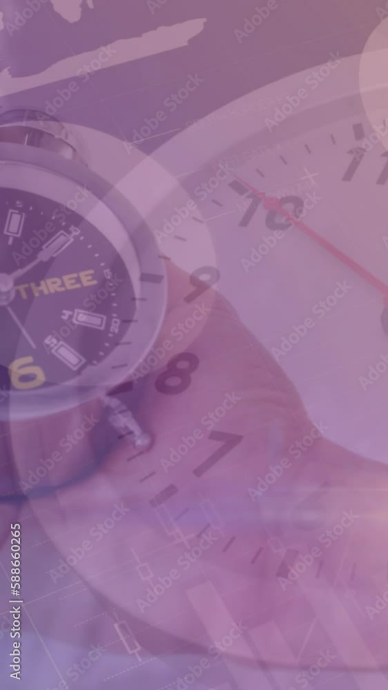 Poster animation of clock and data processing over hand holding clock