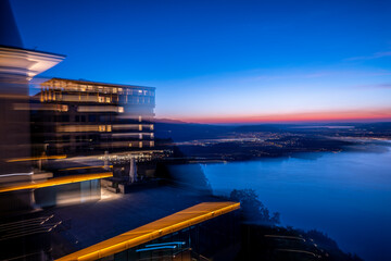 Hotel Five Stars Bürgenstock over Lake Lucerne and Mountain and Light Trails in Dusk in...