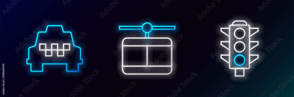 Poster Set line Traffic light, Taxi car and Cable icon. Glowing neon. Vector