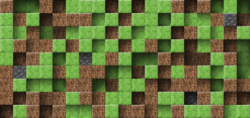 Pixel style 3d abstract cubes. Video game vector geometric mine mosaic pattern. Landscape of craft brown ground, green grass, gray stone block. Concept of game pixelated seamless background - 588660620