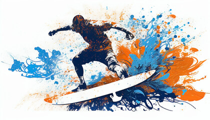 illustration of surfing, the surfer doing a free style and tricks on the wave. AI generated