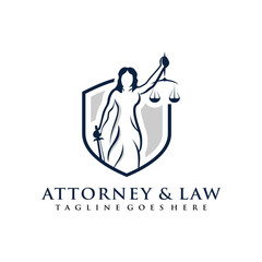 lady law logo concept with shield element. Attorney,  justice design template. Law symbol. Vector illustration