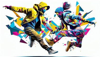 illustration of hype beast breakdancers, vector. grunge designs style. splash. pastel colors combination. AI generated
