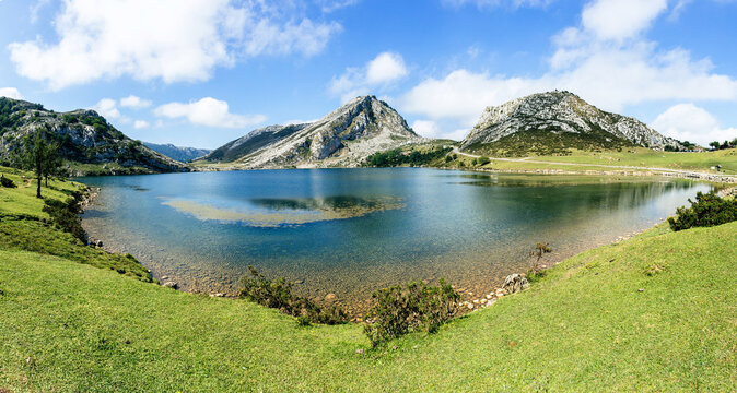 Lakes of Covadonga, Asturias, Spain. Panoramic view of Lake Enol in Picos Europa.