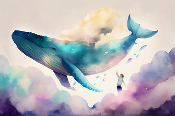 Watercolor whale in the clouds. Generative ai.
