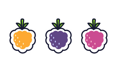 Set  berries. Cloudberry, raspberry, blackberry. Cartoon Line style. Isolated on white background.  For web design, poster; app; package.