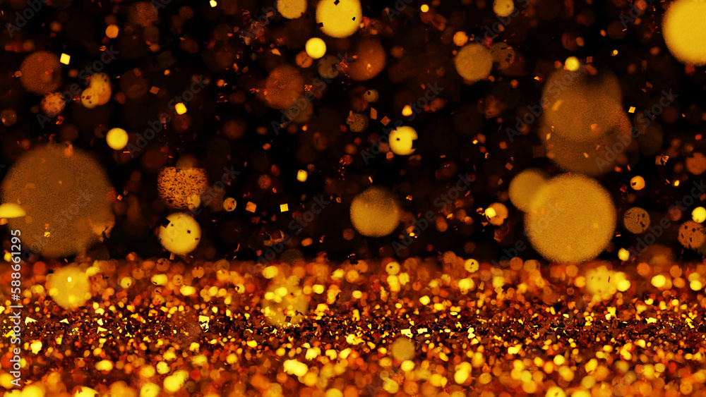 Wall mural golden glitter, shiny particles on black background with bokeh and depth of field effect