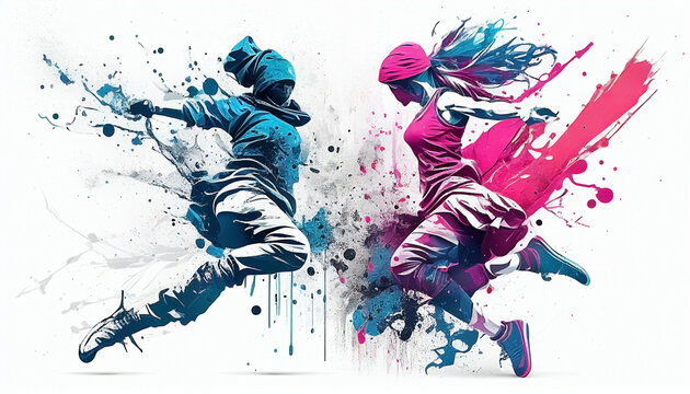 illustration of hype beast breakdancers, vector. grunge designs style. splash. pastel colors combination. AI generated
