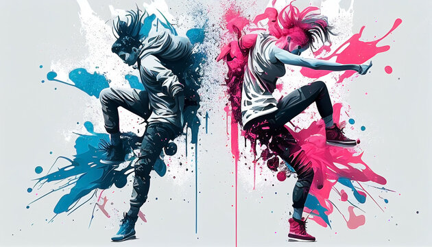 illustration of hype beast breakdancers, vector. grunge designs style. splash. pastel colors combination. AI generated
