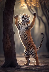 Tiger standing on its hind legs, reaching up to scratch a tree trunk, generative ai
