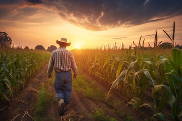 Fototapeta premium Vack view farmer going on the corn field at sunset wide angle. Ai generated