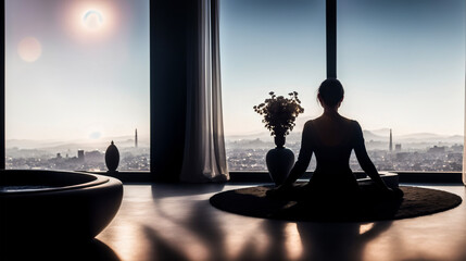 A woman is meditating in the lotus position while sitting in her luxurious apartment. She is sitting peacefully, practicing Zen and cultivating a mindful state of calm.