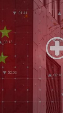Animation of flag of china and data processing over cityscape