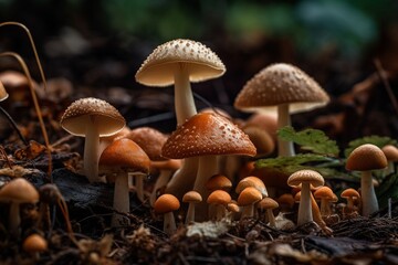Diverse Mushrooms Emerging from Leaf Litter, Captivating Shapes, Colors, and Textures, Generative AI