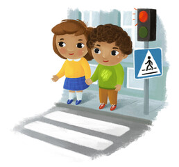 cartoon scene with child boy and girl going through crossing in the city street illustration for kids