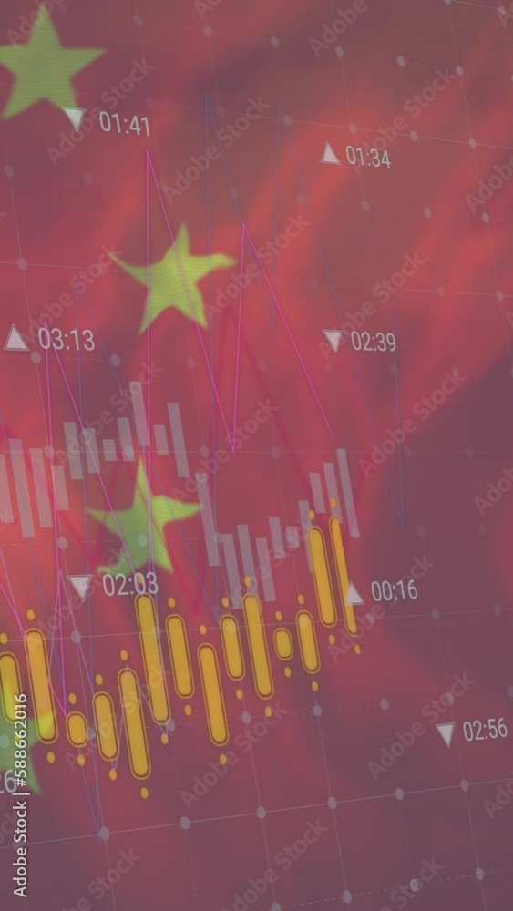 Poster animation of flag of china and data processing over cityscape