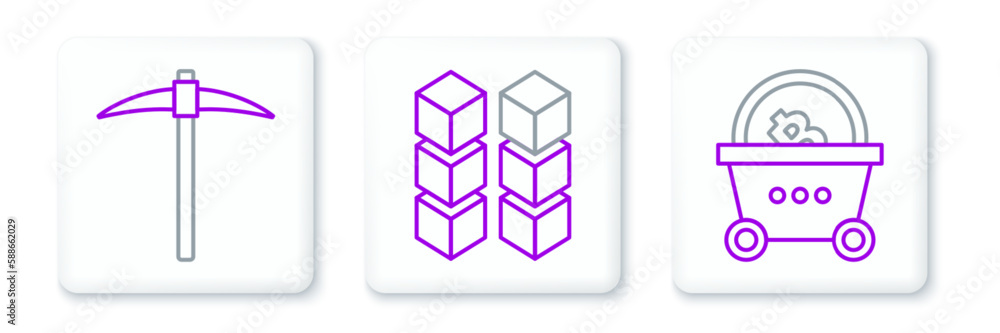 Poster set line shopping basket with bitcoin, pickaxe and blockchain technology icon. vector