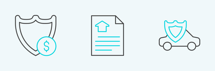 Set line Car with shield, Shield dollar and House contract icon. Vector
