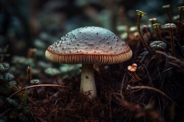 Colorful Mushroom Standing Tall on Forest Floor, Fine Details of Cap, Gills, Stem, and Textured Soil, Generative AI