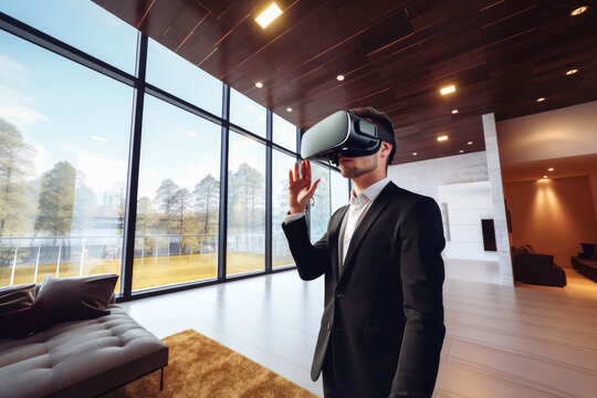 virtual estate, a property agent wearing  virtual reality headset, and viewing a virtual tour of a property , ai generative