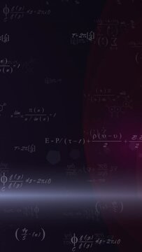 Animation of mathematical equations and light trail on black background