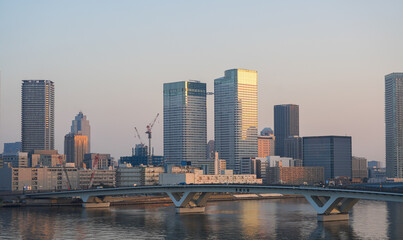 Sunrise in Tokyo. Beautiful cityscape with the modern skyscraper office buildings on skyline of Tokyo during sunrise. Travel to Japan.