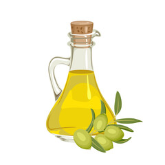 Olive oil in glass bottle isolated on white background. Vector cartoon illustration.