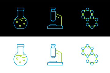 Set line Molecule, Test tube and Microscope icon. Vector