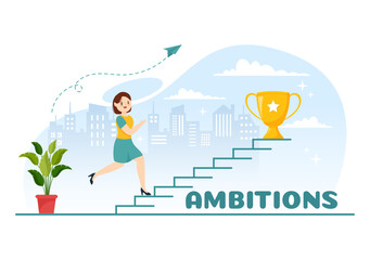 Ambition Illustration with Entrepreneur Climbing the Ladder to Success and Career Development in Flat Cartoon Business Plan Hand Drawing Template