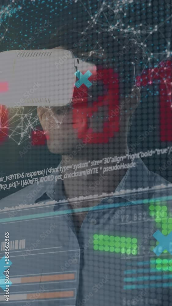 Poster animation of data processing over caucasian man with vr headset