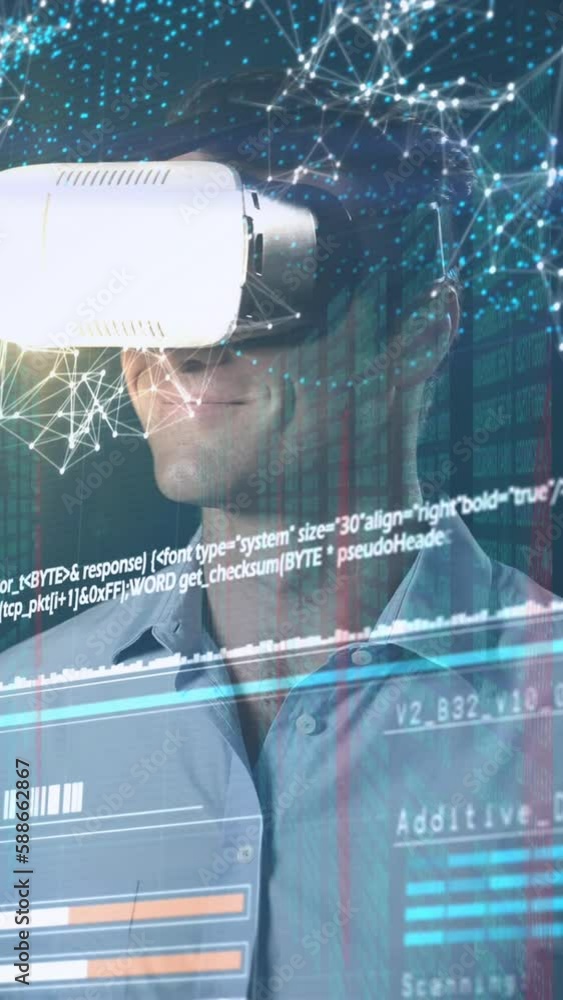 Poster animation of data processing over caucasian man with vr headset