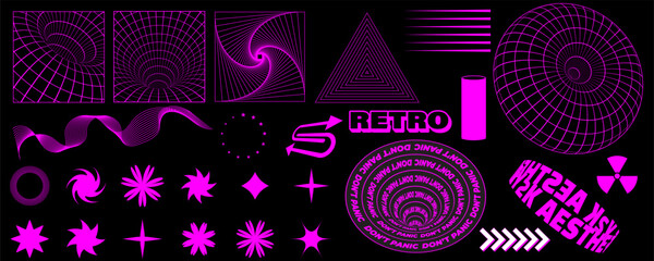 Retro futuristic design elements. 3D wireframe shapes in trendy retro cyberpunk 80s 90s style. Y2k aesthetic.