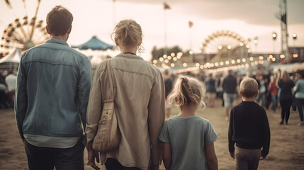 Fototapeta premium Family of a father, mother and two children spending a happy family day at an amusement park. Genertive ai.