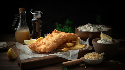 Crispy beer-battered fish and chips. Healthy food concept. Dieting food concept