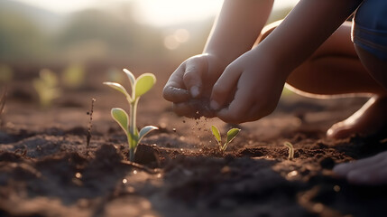 Hands of a child caring for a plant that grows out of the earth. Generative ai