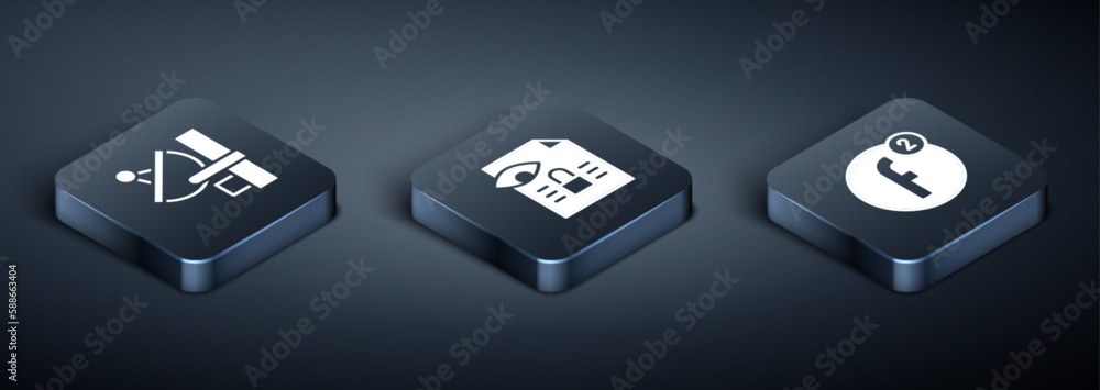 Poster set isometric radar, create account and journalistic investigation icon. vector