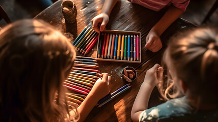 Children coloring with crayons on a wooden table. Generative ai