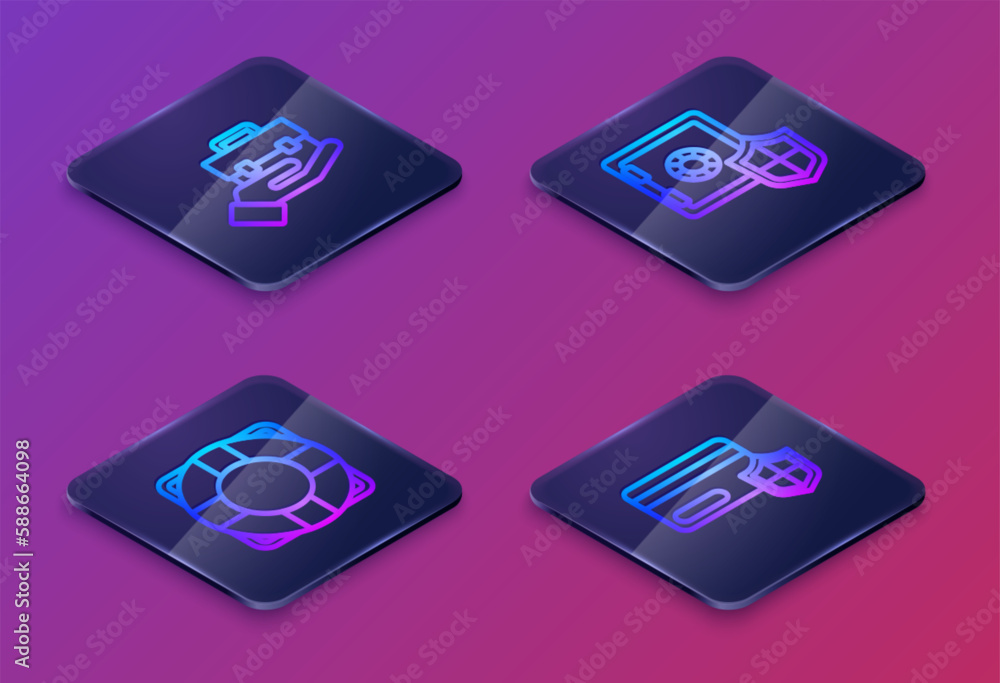 Poster Set Isometric line Hand holding briefcase, Lifebuoy, Safe with shield and Credit card. Blue square button. Vector