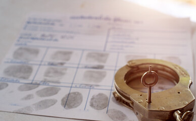 Police handcuff on fingerprint crime page file.Crime and violence concept.