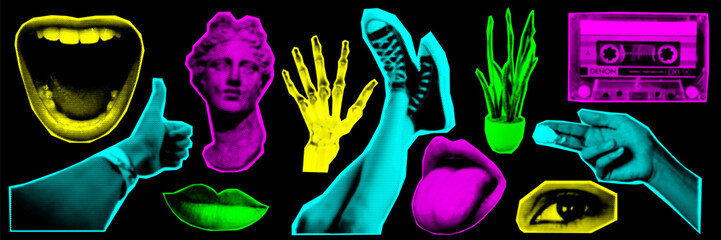 Halftone collage design elements in trendy magazine style. Mouth, statue, hand, leg, plant, eye. Vector illustration with vintage grunge punk cutout shapes.