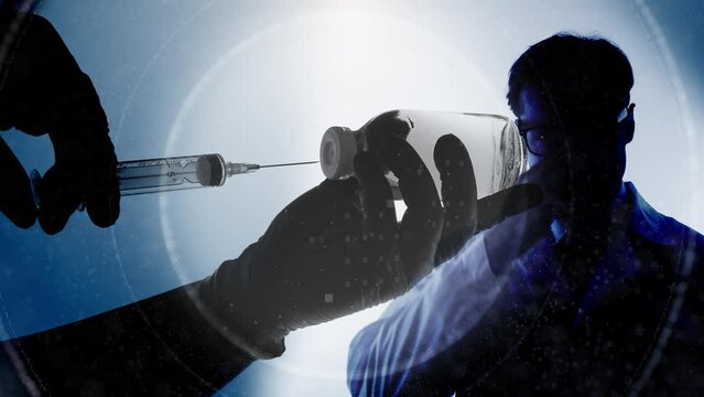 Computer graphics and double exposure. Portrait of a man with a stern face in glasses and a white coat on his hands drawing liquid into a syringe. Medicine and health care