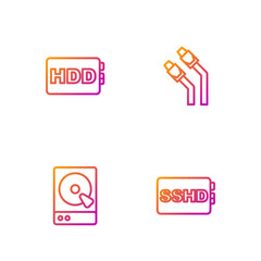 Set line SSHD card, Hard disk drive HDD, and LAN cable network internet. Gradient color icons. Vector