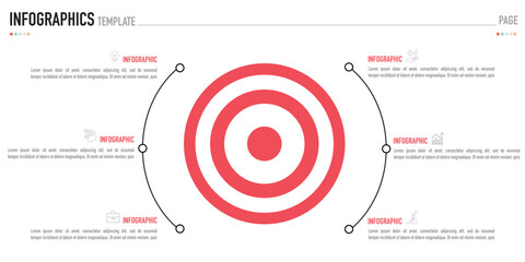 Mind map target infographic template or element with 6 step, option, process and red circular, ring on white background for business sale slide or presentation, modern, minimal, simple style, timeline