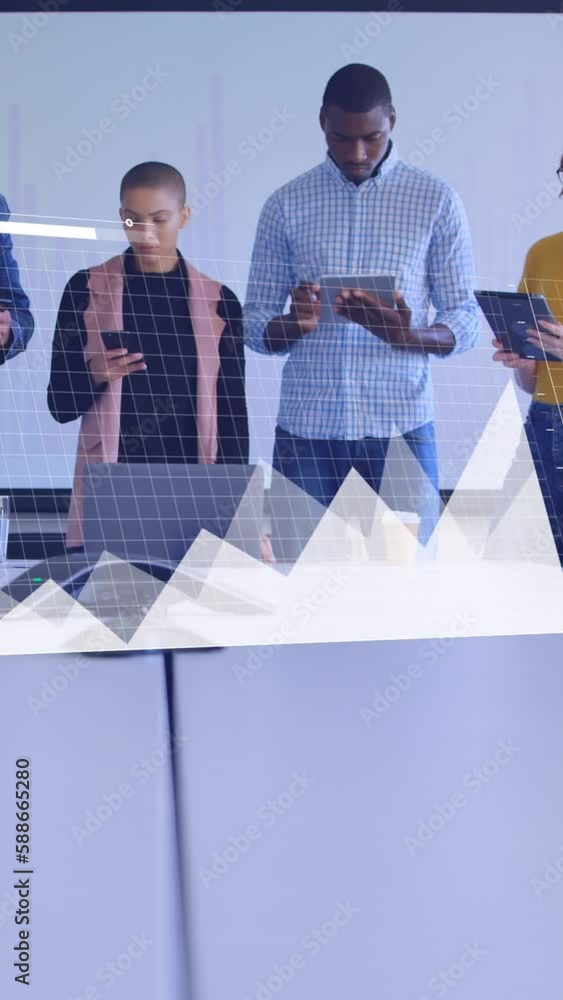 Poster animation of data processing over diverse business people using technology