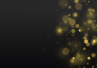 Golden dust light png. Christmas glowing bokeh confetti and sparkle overlay texture for your design. Yellow dust, sparks, stars shine with a special lights. Gold particles abstract vector background.