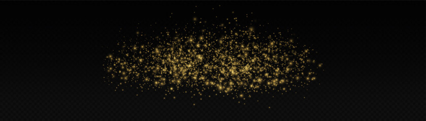 Abstract golden bokeh lights and sparkles on transparent background. Glowing sparks glitter special light. Falling stars with gold dust. Sparkling magical yellow dust particles and stardust. Vector.